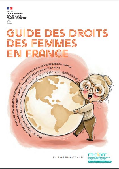 Couverture du Guide des Droits des Femmes Étrangères en France : une femme souriante porte un globe terrestre